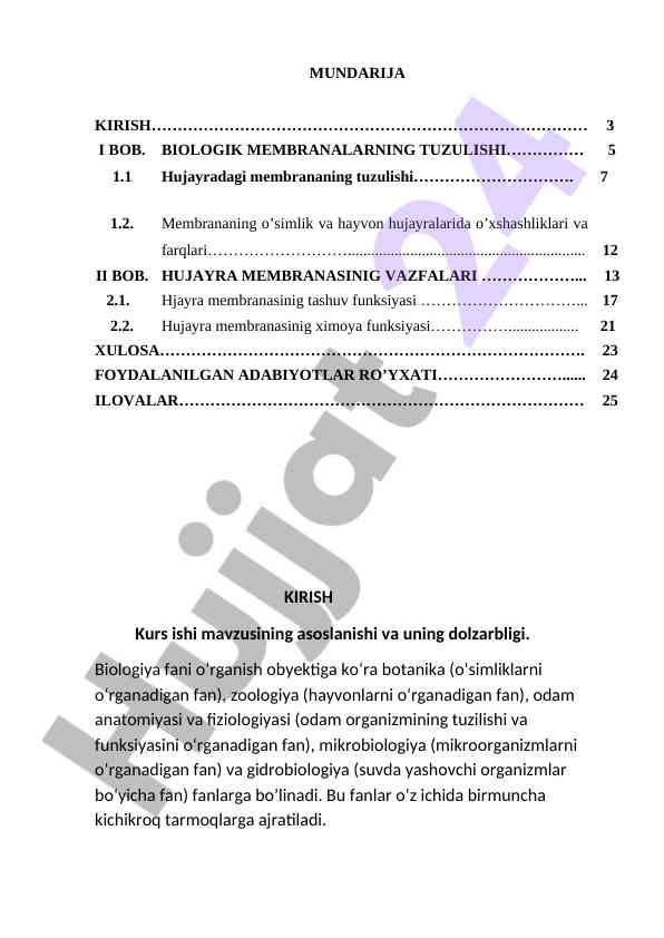 Biologiya fani asoslari va membran tizimlari