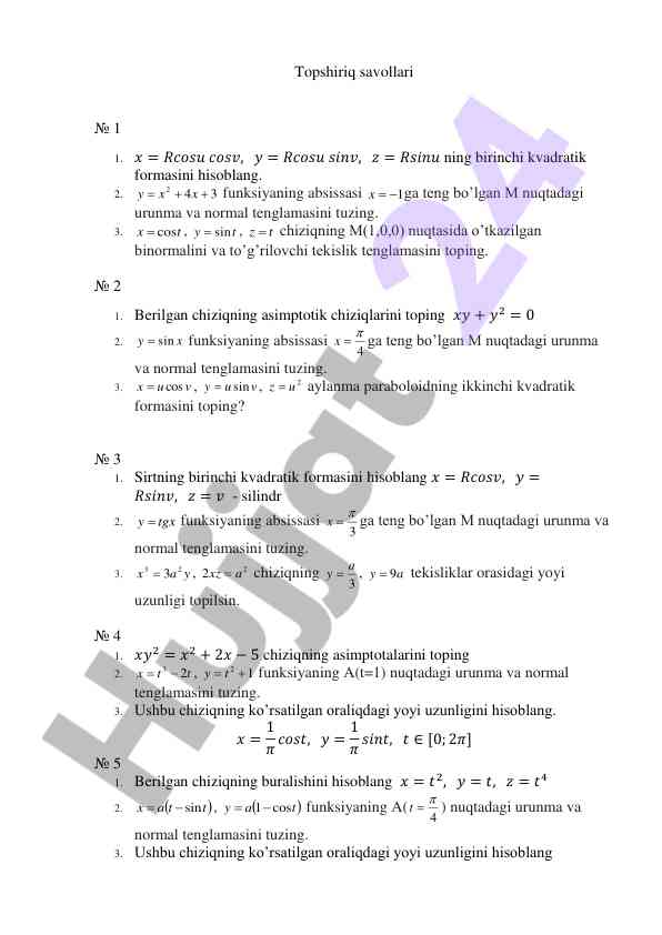 Matematika kurs ishlari va masalalar