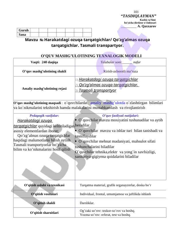 O’quv mashg’ulotining texnologik modeli