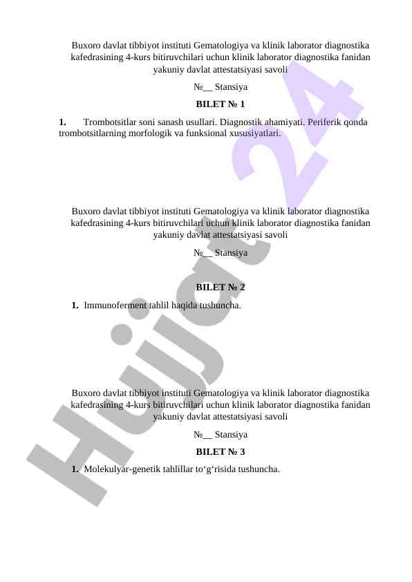 Klinik laborator diagnostika fani bo‘yicha test savollari