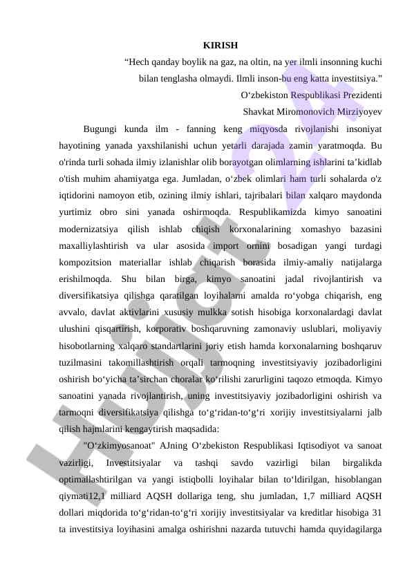 Kimyo sanoatini rivojlantirishdagi ilmiy ishlar
