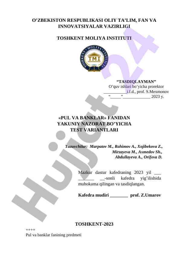Pul va banklar fanidan yakuniy nazorat test variantlari