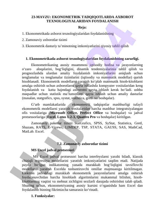 Ekonometrik Tadqiqotlarda Axborot Texnologiyalari