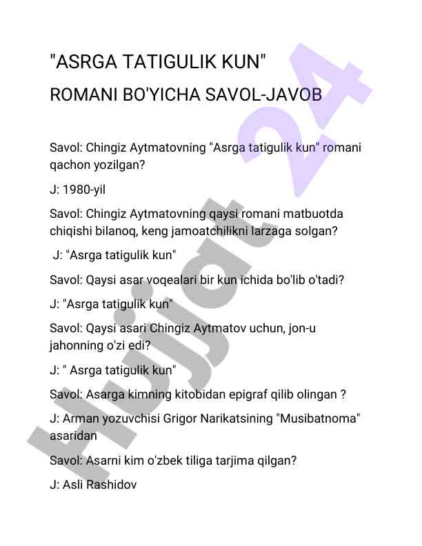 Chingiz aytmatovning asrgatatigulikkun romanining tahlili