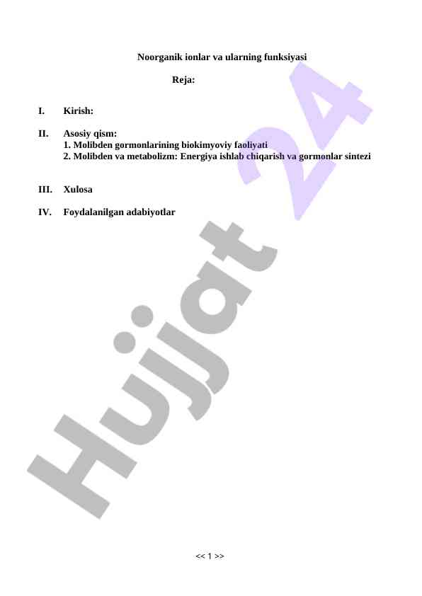 Molibdenning biokimyoviy faoliyati va funktsiyalari