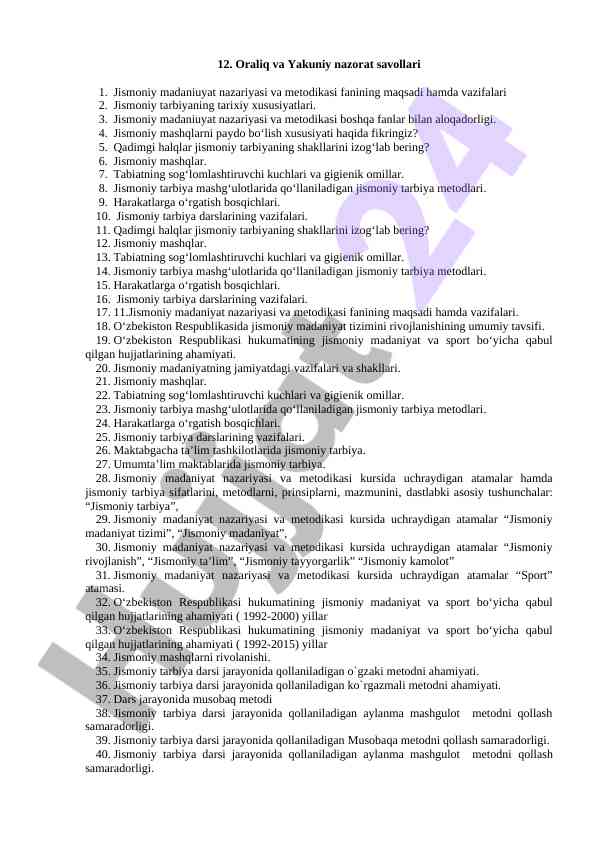 Jismoniy madaniyat nazariyasi va metodikasi savollari