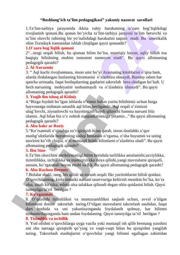 Boshlang‘ich ta’lim pedagogikasi nazorat savollari