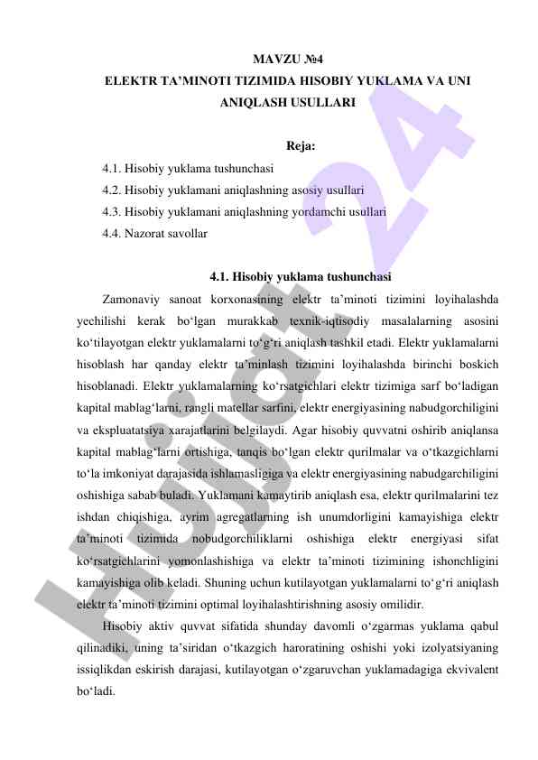 Elektr ta’minoti tizimidagi hisobiy yuklama usullari