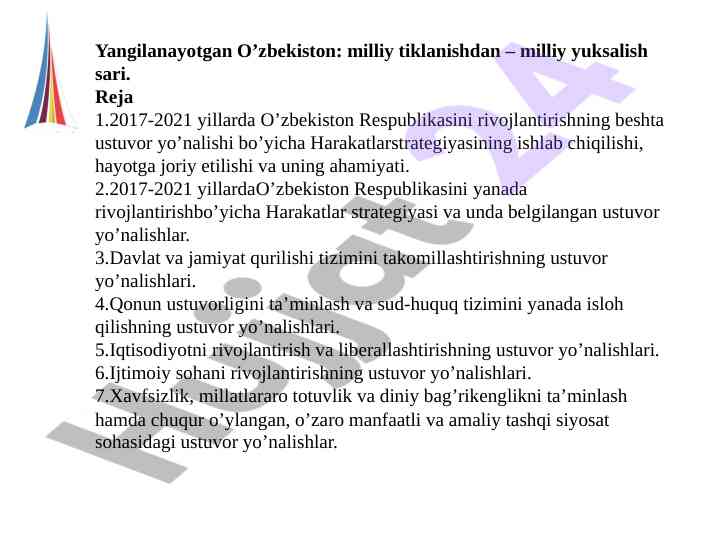 Yangilanayotgan o’zbekiston: milliy yuksalish strategiyasi
