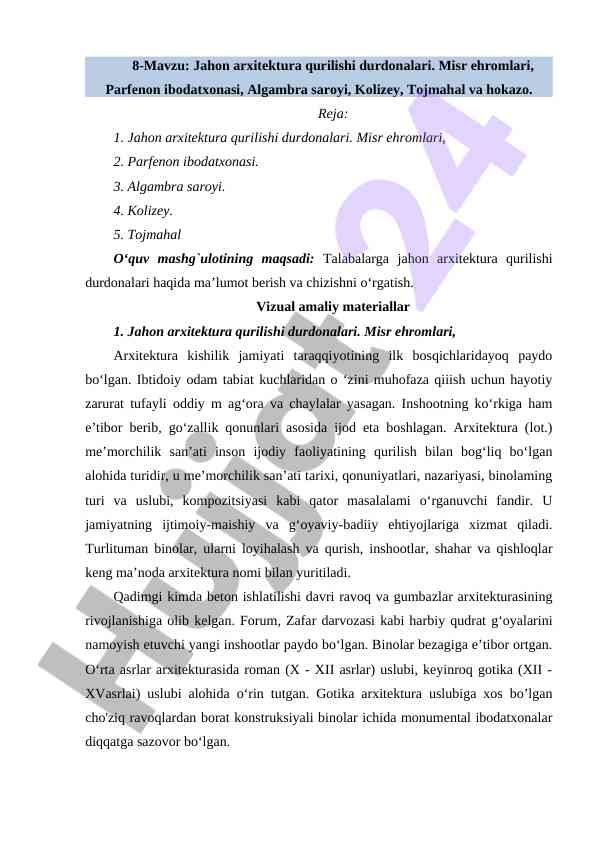 Jahon arxitektura qurilishi durdonalari haqida ma'lumotlar