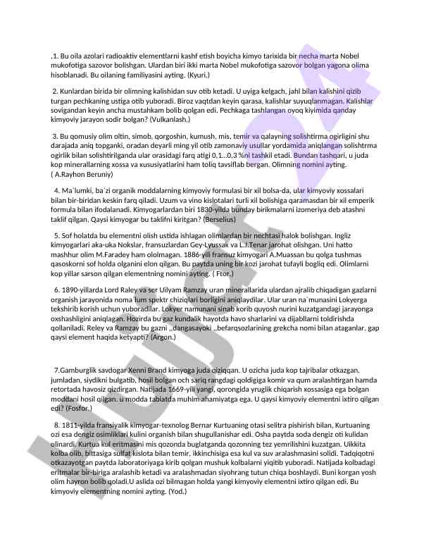Radioaktiv elementlar va kimyo tarixi haqida ma'lumotlar