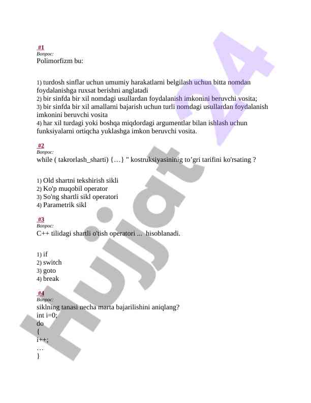 C++ polimorfizm va sikl konstruktsiyalari savollari