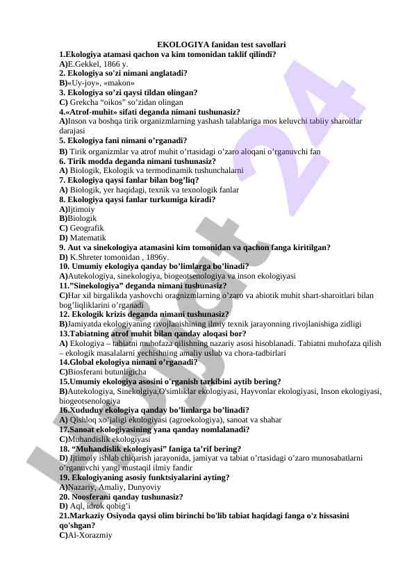 Ekologiya fanidan test savollari bilan tanishing