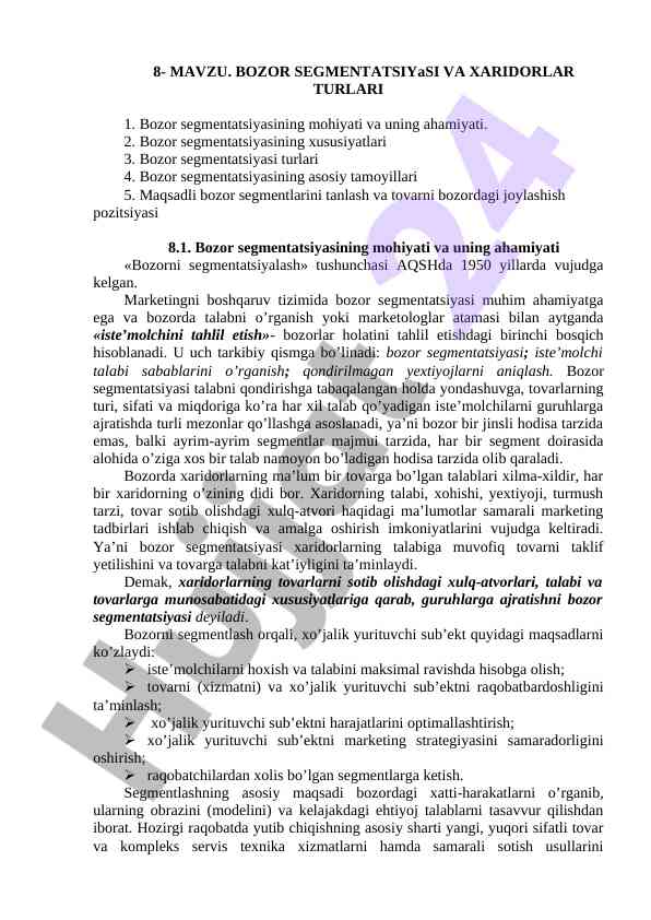 Bozor segmentatsiyasi va xaridchilar turlari