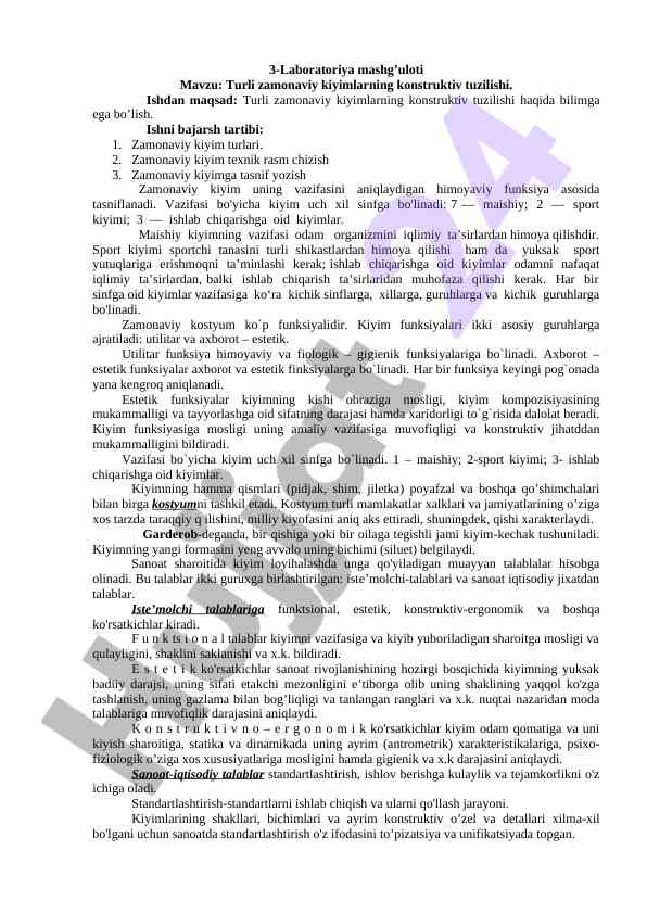 Turli zamonaviy kiyimlarning konstruktiv tuzilishi