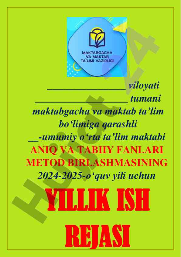 Aniq va tabiiy fanlar metod birlashmasi rejasi 2024-2025