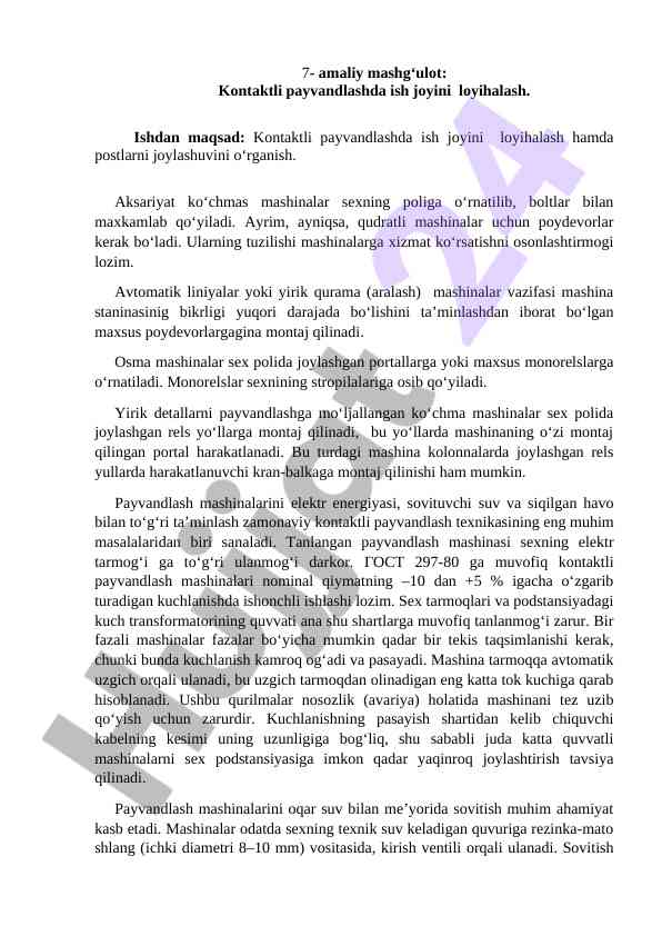 Kontaktli payvandlashda ish joyini loyihalash