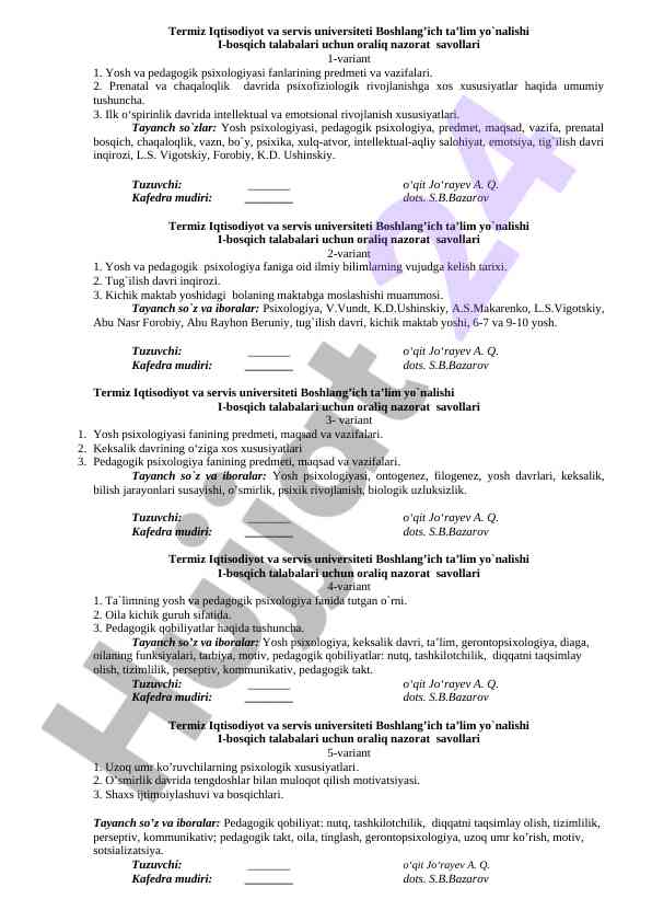 Boshlang'ich ta'lim yo'nalishi oraliq nazorat savollari