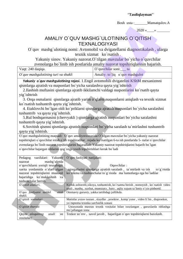 Avtomobil va dvigatellarni diagnostikalash rejasi