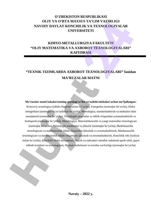Texnik tizimlarda axborot texnologiyalari ma'ruzalar