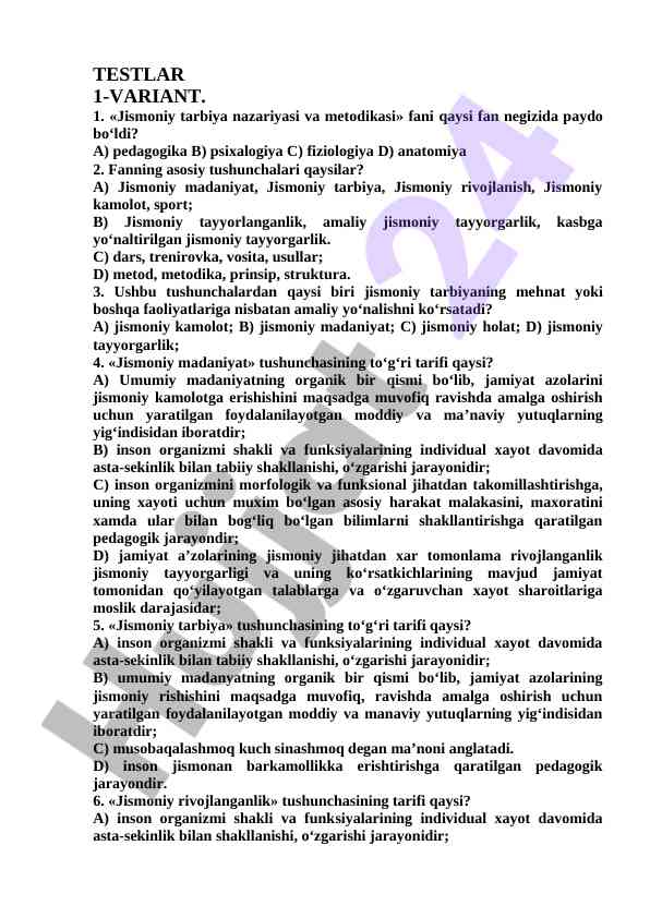 Jismoniy tarbiya nazariyasi va metodikasi testi