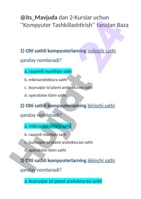 Olti sathli kompyuter tashkillashtirish savollari