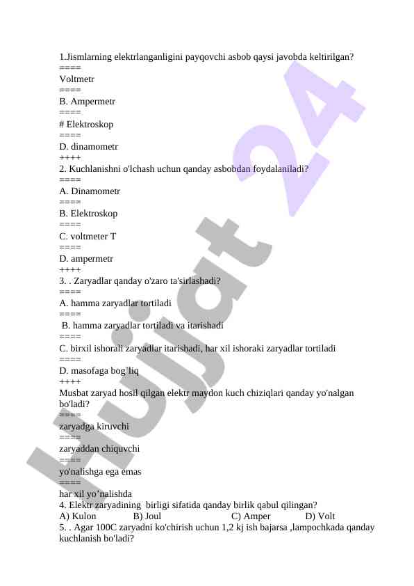 Elektr zaryadlari va o'lchov asboblari bo'yicha test