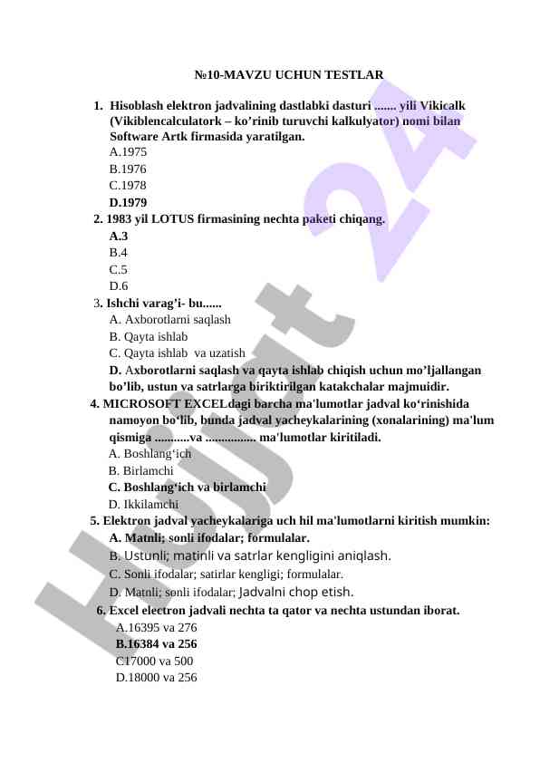 Excel elektron jadvaliga oid test savollari