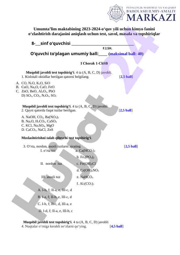 Umumta'lim maktabida kimyo fanidan testlar