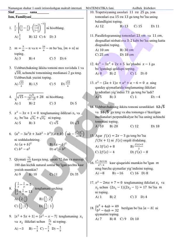 Matematika fanida test savollari