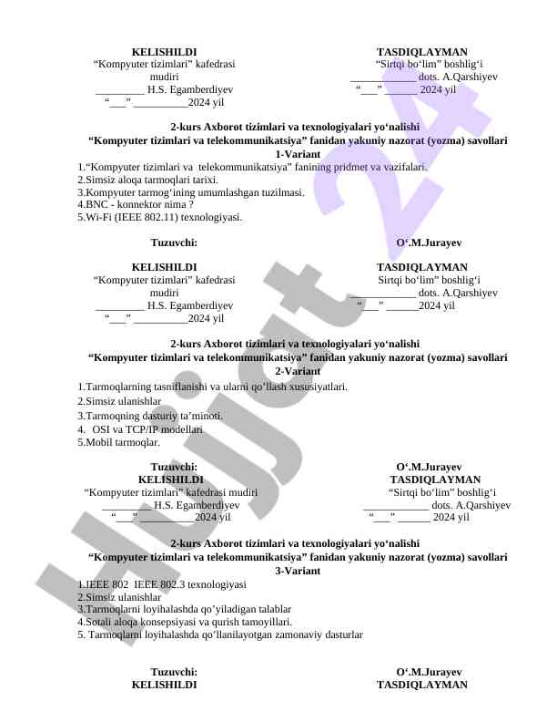 Kompyuter tizimlari va telekommunikatsiya savollari