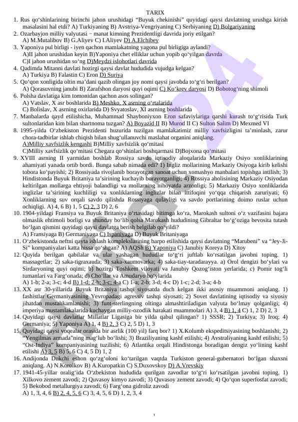 Tarixiy savollar bilan test sinovi