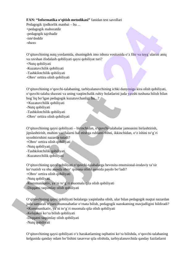 Informatika o‘qitish metodikasi test savollari