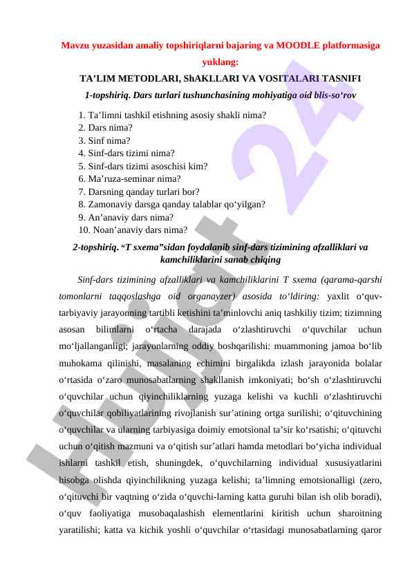 Ta'lim metodlari va vositalari tasnifi