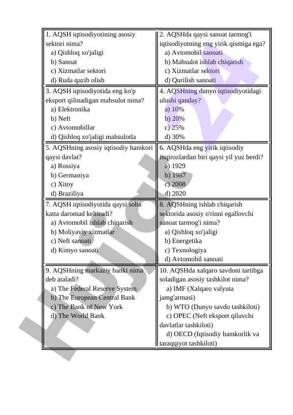 Aqsh iqtisodiyoti bo'yicha test javoblari
