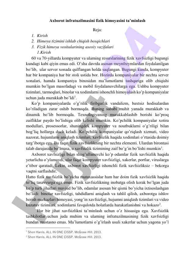 Axborot infratuzilmasini fizik himoyasini ta’minlash