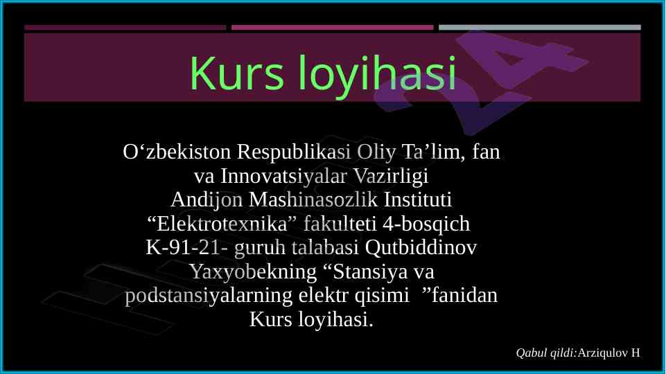 110kv podstansiyalarni elektr sxemasini loyihalash