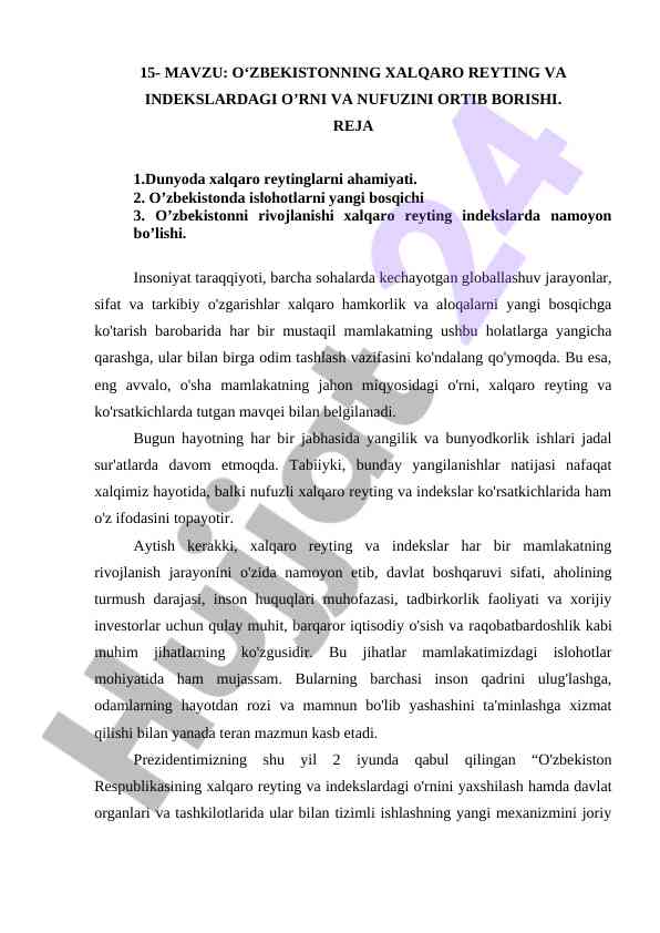 O‘zbekistonning xalqaro reyting va indekslardagi o‘rni