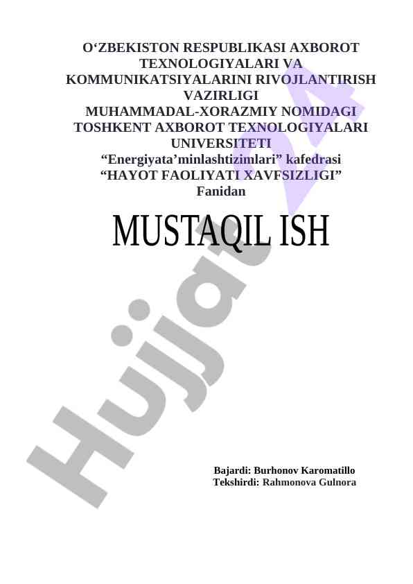 Hayot faoliyati xavfsizligi fanidan kurs ishlari