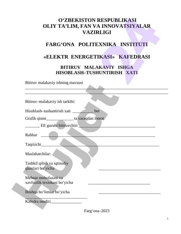 Elektr energetikasi bitiruv malakaviy ish