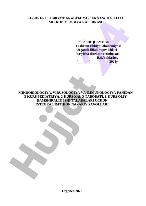 Integratsiya imtihon savollari mikrobiologiya fanidan