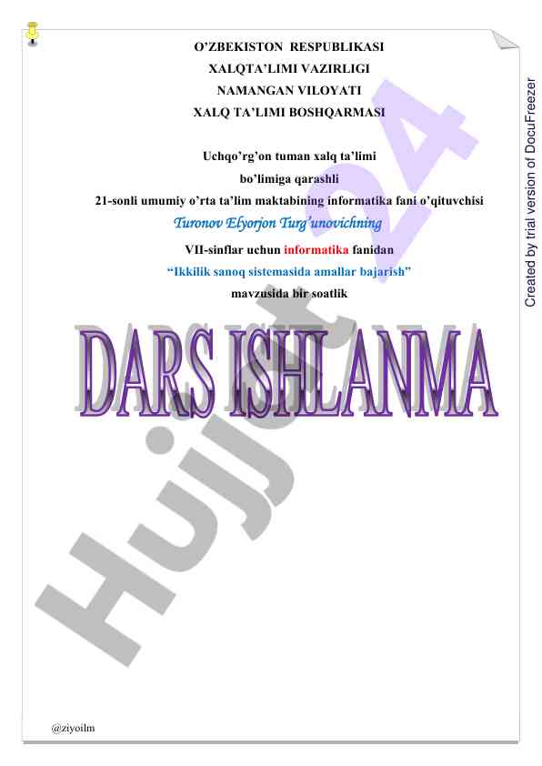 Ikkilik sanoq sistemasida amallar bajarish dars ishlanma