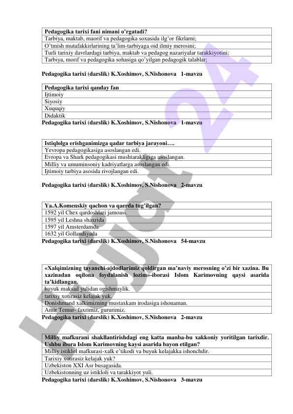 Pedagogika tarixi fani o'rgatadigan asosiy narsalar