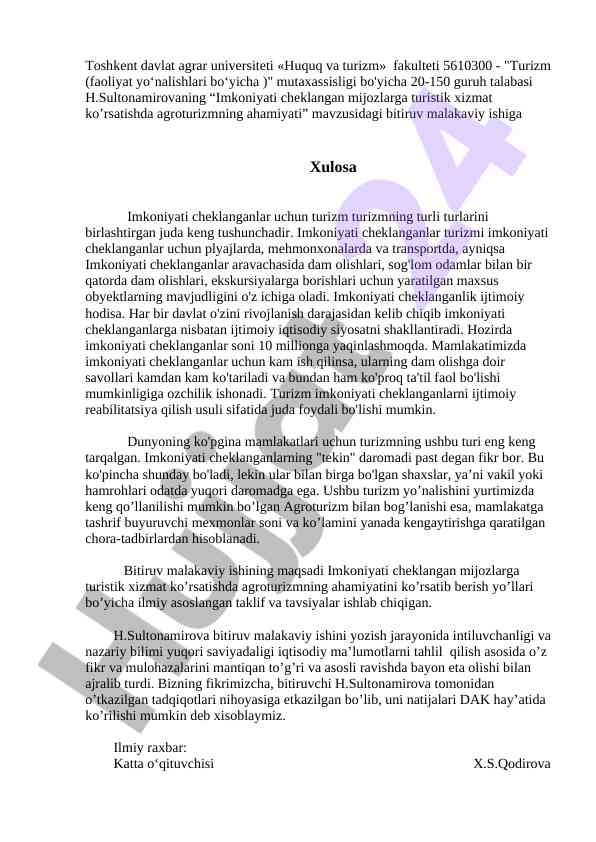 Imkoniyati cheklangan mijozlarga agroturizm xizmati