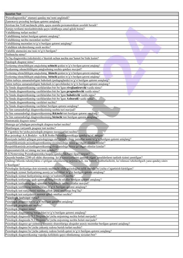 Psixodiagnostika va validlik turlari haqida savollar