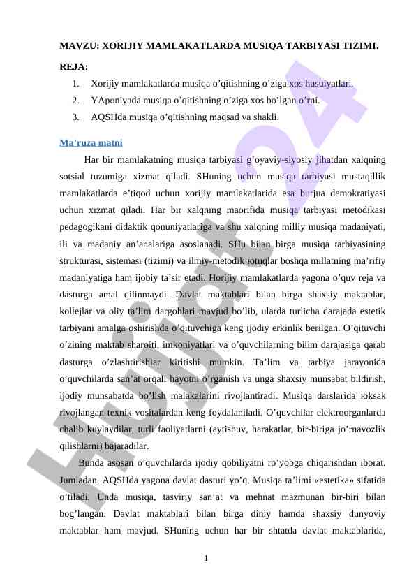 Xorijiy mamlakatlarda musiqa tarbiyasi tizimi