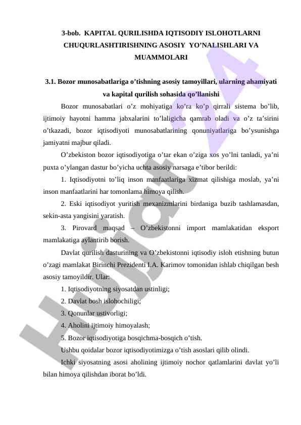 Iqtisodiy islohotlar va kapital qurilish tamoyillari
