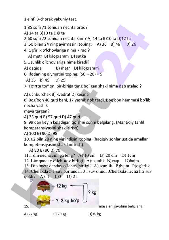 1-sinf 3-chorak yakuniy test savollari