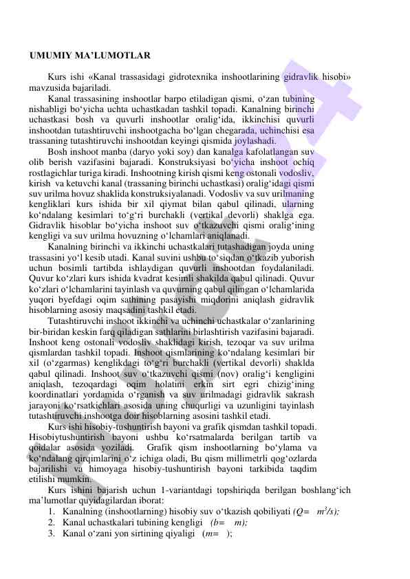 Kanal trassasidagi gidrotexnika inshootlarining hisobi