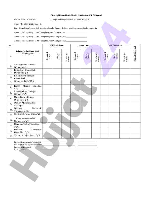 Mustaqil ishlarni baholash qaydnomasi matematika